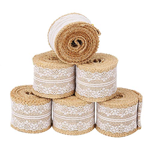 Rollo de cinta de arpillera de 6 piezas, cinta de arpillera de yute de 2,2 yardas con encaje blanc, cinta de encaje de yute de 2 pulgadas de ancho, cinta de arpillera para