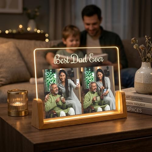 Image of Giftplease Personalized LED Acrylic Photo Frame for Dad | Best Dad Ever Night Light with Wooden Base | Custom Photo Frame Light Gift for Father, Birthday, Father's Day, Anniversary & Home Decor