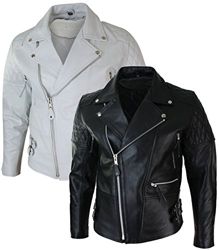 Chaqueta Biker Acolchada de Cuero Negro y Blanco miniatura 5