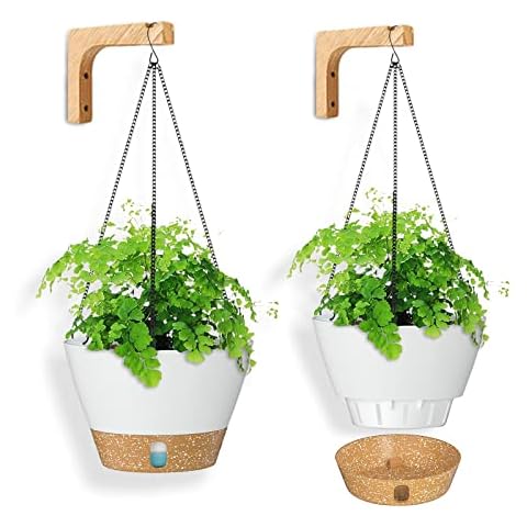 2 Pack Hanging Planters with Wood Stand, 8 Inch Indoor Outdoor Hanging Plant Pot, Hanging Flower Pot with Drainage Hole with 3 Hooks for Garden Home Cover