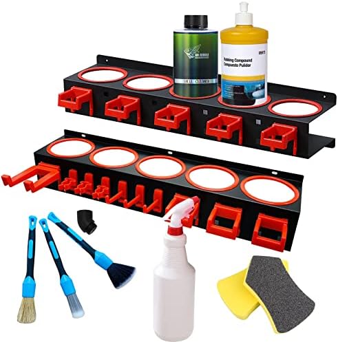 Spray Bottle Storage Rack,Wall-mounted Spray Bottle Holder With 5 Plastic Hanging Hooks And 2 Car Seat Brush Cleaning Detailing Tools Hanger,Abrasive Material Hanging Rail Car Beauty Shop Accessory