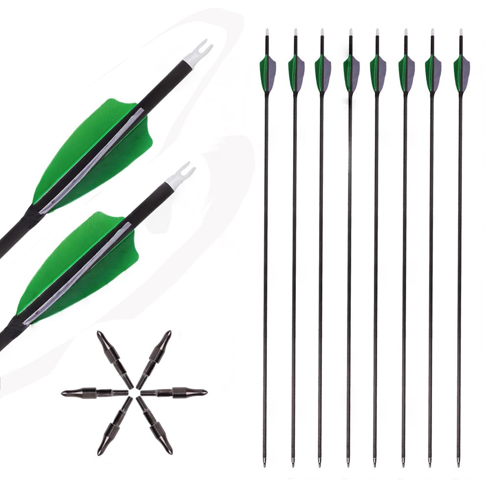 12 Pezzi Verde Grigio Piuma Micro-Rotante Frecce da Caccia ID 6,2 mm Spine 200 250 300 350 400 500 600 700 800 Freccia da Tiro con L'Arco, con Piuma di Tacchino da 3 Pollici