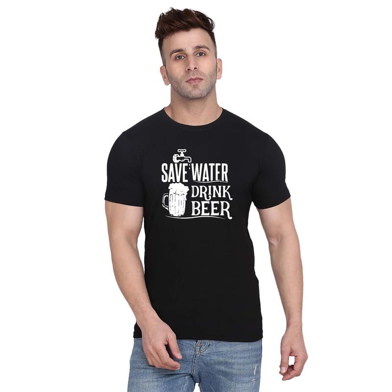 GenericOriginal Way Men Cotton Half Sleeve Round Neck Stylish Mens Casual Wear Save Water Drink Beer Funny Quotes Printed T Shirt HSR-3075