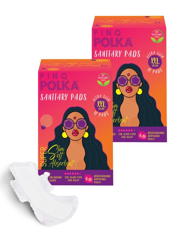 PINQ POLKA Sanitary Pads For Women|20 Pads XXL 330MM|Premium Ultra Thin Heavy Flow & Night|Wider Back & 5 way Sticking|Organic Cotton Soft Rash Free|Biodegradable Disposable Bags|Toxin Free|No Wetness (B07HQ8XFJ8) Amazon Price History, Amazon Price Tracker