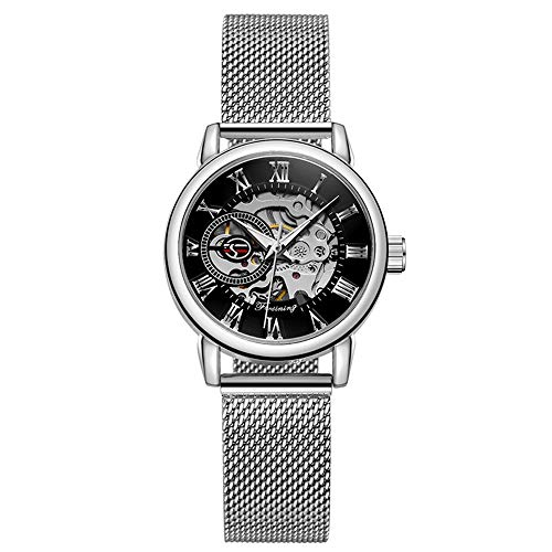 MG. ORKINA Montre mécanique Squelette Creux pour Femme avec Bracelet en Acier Inoxydable tressé (Argent et Noir)
