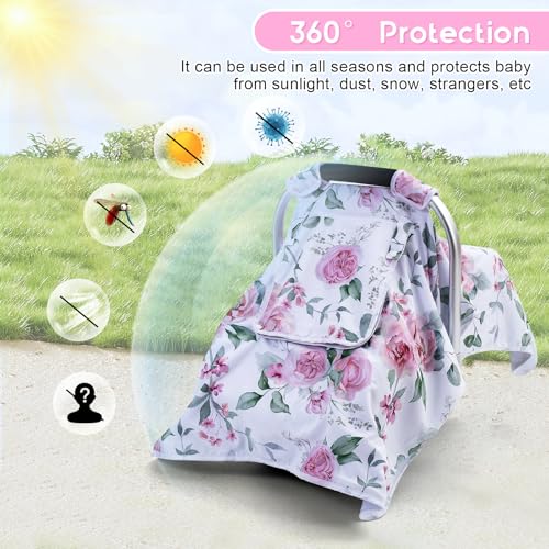 Image of Baby Car Seat Cover, Infant Car Seat Cover with 2 Layer Windows, Breathable Baby Carrier Sun Shade Cover, Windproof Car Seat Canopy Weather Shield for Newborn