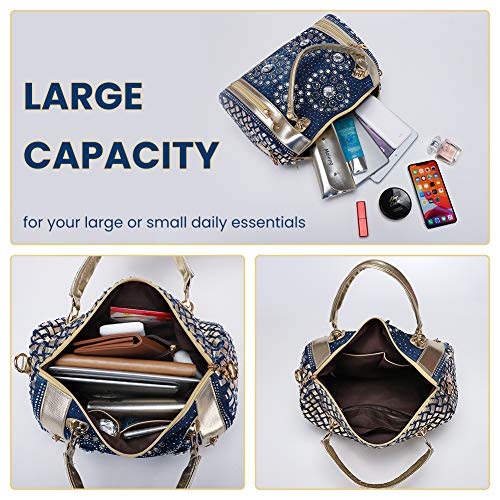 Modoker Bling Purses for Women, Jeans Rhinestone Top Handbags, Shiny Denim Bags with Adjustable Strap, Dark Blue
