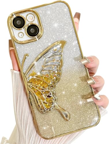 Image of SHINESTAR 3D Butterfly Case for iPhone 14, Cute Girly Glitter Bling Luxury Back Cover for Women Girls Protective Shockproof Slim Camera Protection (for iPhone 14 - Gold