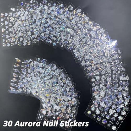 Image of MAYCREATE Aurora Moon Star Holographic Nail Art Stickers, 30 Sheets | Self-Adhesive Backing, Holographic Finish, Easy DIY Application, Moon and Star Designs, for Party Manicures and Acrylic Nail