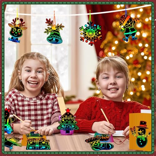 Weihnachten Kratzbilder Bastelset, JULMELON 36 Stück Weihnachts Kratzbilder für Kinder Regenbogen Kratzpapier Anhänger Kratzbilder… – Ansicht 5