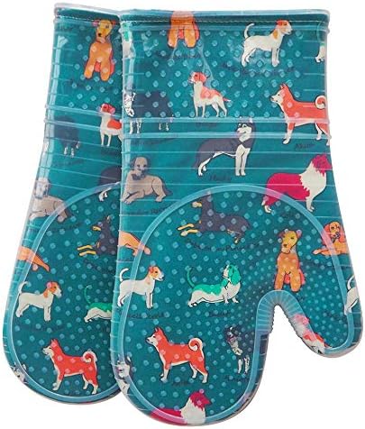 Oven Gloves Set of 2 with Transparent Clear Silicone Shell and Nice Dog Printing Cotton Lining, Heat Resistant to 500 F Kitchen Oven Glove Mitts Pot Holder Cooking (Blue)