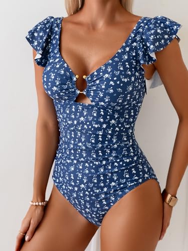 Image of Eomenie Womens Ruffled One Piece Swimsuit Slimming Tummy Control Bathing Suit V-Neck Cutout Swimwear for Resort Wear
