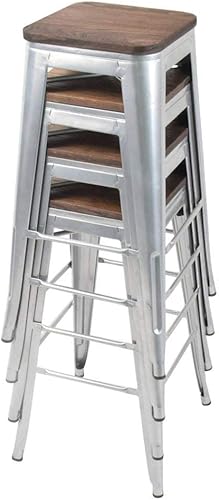 Miniatura 57 de [Juego de 4] Taburete metálico apilable industrial moderno para interior/exterior 17 pulgadas, Metal Plata sin espalda con madera,Sin espalda negro