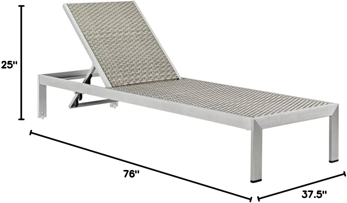 Pemberly Row Modern Patio Chaise Lounge Set, Aluminum Frame, Gray/Silver Finish, Adjustable Recline, Breathable Wicker Rattan, 76"x25"x12-37.5", Set of 6, Outdoor Sun Lounger with Wheels