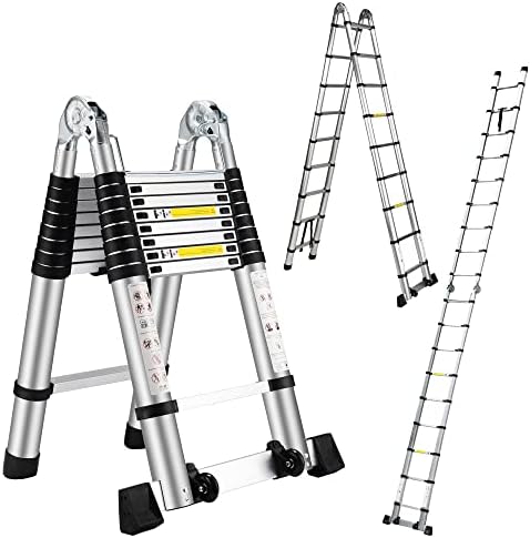 Wolec 18.5FT Telescoping A Frame Ladder with Stabilizer Bar Wheels,Portable Multi-Purpose Collapsible Ladder for Roof Ceiling Household Use