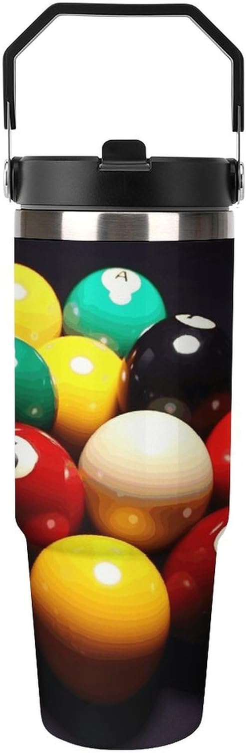 Color Billiards Water Bottle 30 Oz Fits Car Cup Holder,Insulated Coffee Mug Large Capacity Car Cups,Stainless Steel Double Wall Sport Bottle for Travel Sports Gym