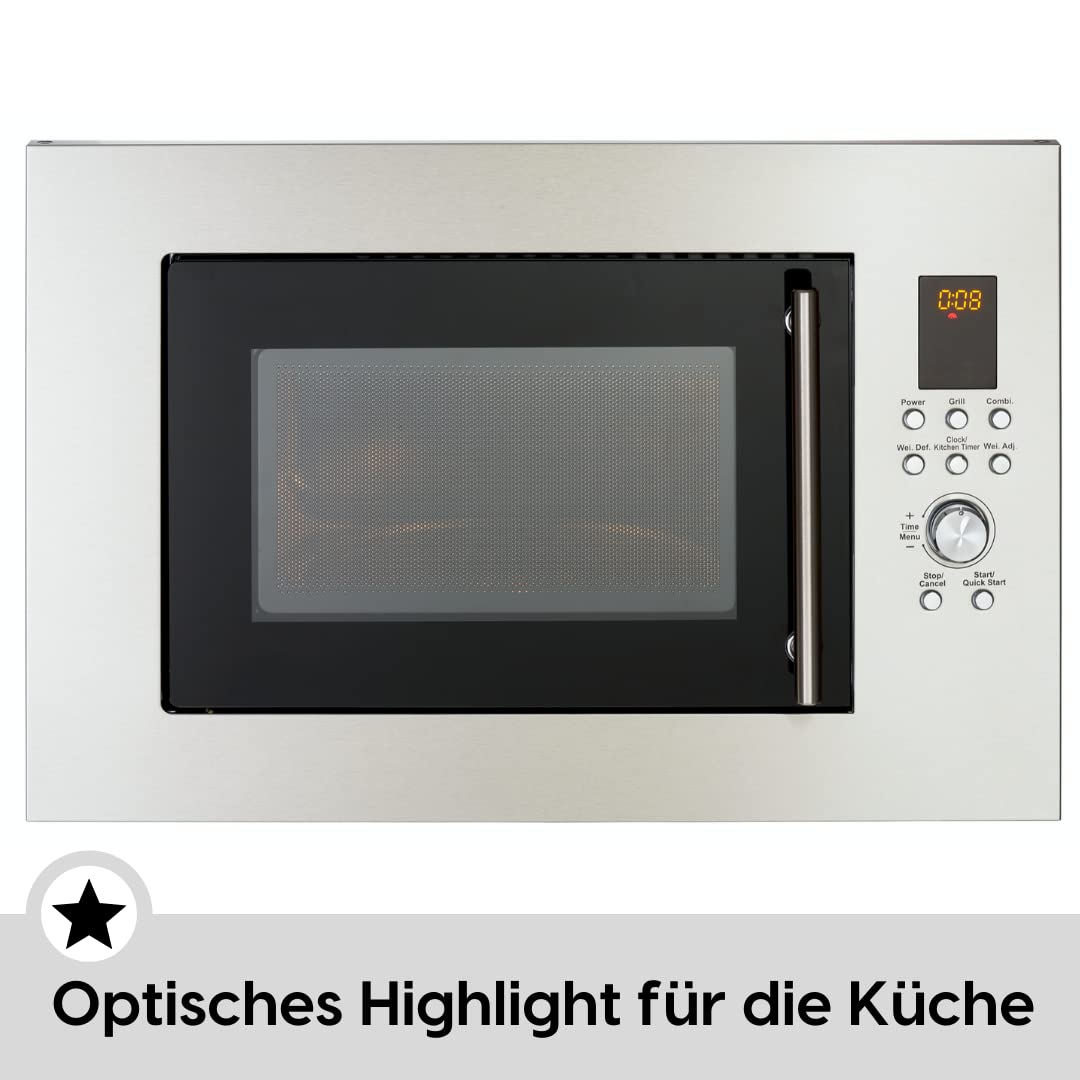 PKM Einbau-Mikrowelle MW900-23G-IN I 900W Mikrowellenleistung I 23L Garraum I 6 Leistungsstufen I 8 Garprogramme IAuftaufunktion I Metall-Gehäuse I Drehteller (24,5cm) I LED-Display I Silber
