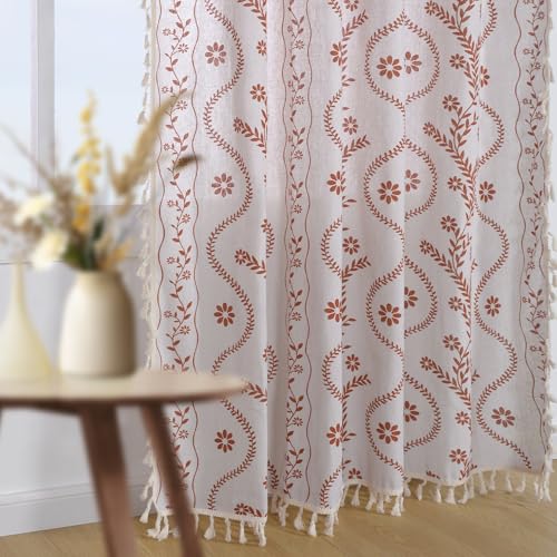 Image of Schweek Boho Floral 63 Inches Long Semi Sheer Curtains 2 Panels for Bedroom | Semi Sheer Linen Rustic Floral, Vintage Farmhouse Farmhouse Vintage Printed Window Curtain for Bedroom, Kitchen 52 inchx 63 inch