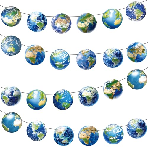 4pcs Earth Globe Theme Banners Earth Day Party Decorations Globe World Map Theme Hanging Banners Garlands for Travel Around The World Birthday Party Baby Shower Supplies