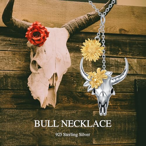 Bull-Necklace-925-Sterling-Silver-Bull-Skull-Head-with-Sunflower-Pendant-Cowgirl-Cowboy-Necklace-Boho-Western-Country-Jewelry-Gifts-for-Women Bull Necklace 925 Sterling Silver Bull Skull Head with Sunflower Pendant Cowgirl Cowboy Necklace Boho Western Country Jewelry Gifts for Women