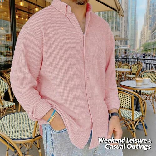 Mokaloha Mens Shirts, Mens Long Sleeve Shirts Waffle, Men's Stylish Casual Everyday Waffle Long-Sleeved Lapel Shirt3