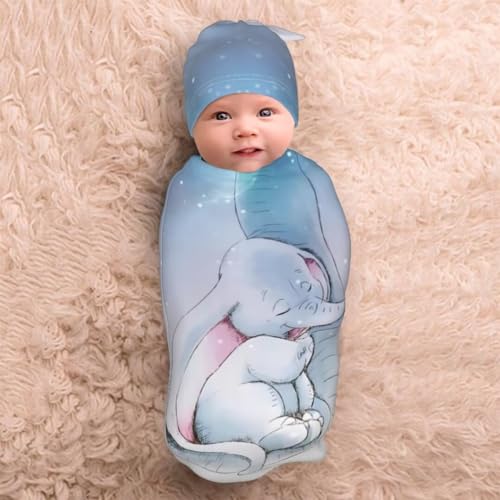 Image of Cute Elephants Newborn Swaddling Blanket Beanie Hat Sets Soft Baby Receiving Funny Animal Blanket Soft Sleeping Bag New Born Soft Sleep Sacks for Boys Girls