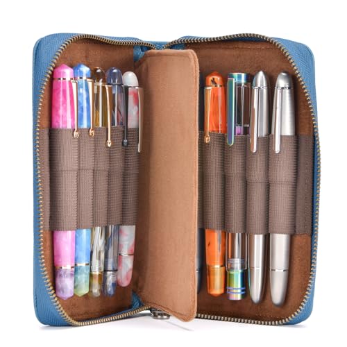Image of Fountain Pen Leather Pen Case 10 Divided Slots, Rollerball Pen Holder Handmade Display Organizer Zippered Pouch