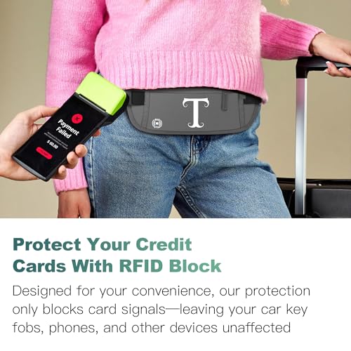 Image of Travel Money Belt, Personalized Initials Passport Holder with Anti Theft RFID Protection, Slim Travel Wallet for Women & Men, Travel Fanny Pack for Travel Essentials-Letter M, Army Green