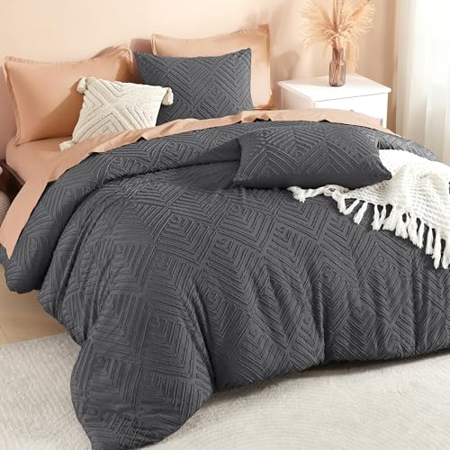Image of Litanika Super King Comforter Dark Grey, 3 Pieces Tufted Boho Farmhouse Bedding Comforter Set, Lightweight Fluffy All Season Comforter Set (120x120In Comforter & 2 Pillowcases)
