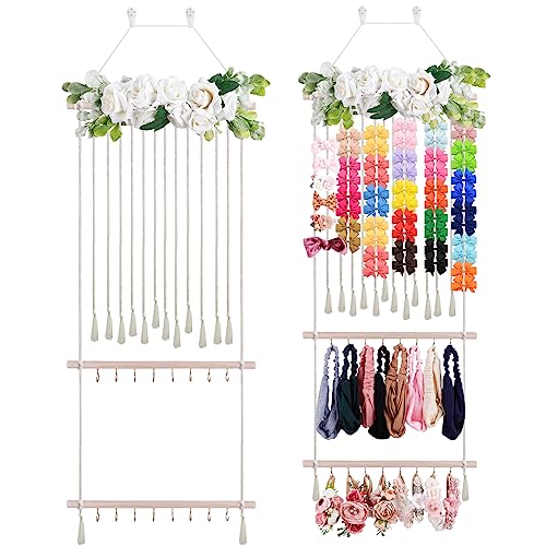 cherrboll Hair Bow Holder for Girls, Headband Organizer w/16 Hooks, Hanging Hair Clips Organization for Nursery Decor Room Wall