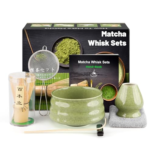 7 Pieces Japanese Matcha Ceremony Kit, Natural Bamboo Matcha Beater, Matcha Bowl, Bamboo Scoop, Strainer, Tea Towel, Whisk Holder, Complete Matcha Set, Spiral Green