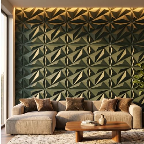 Image of Kayra Decor 3D PVC Wall Panel - Alps Design Olive Green Color 19.7 inch x 19.7 inch (Pack of 12) - Covers 32.34 Sq. Ft.
