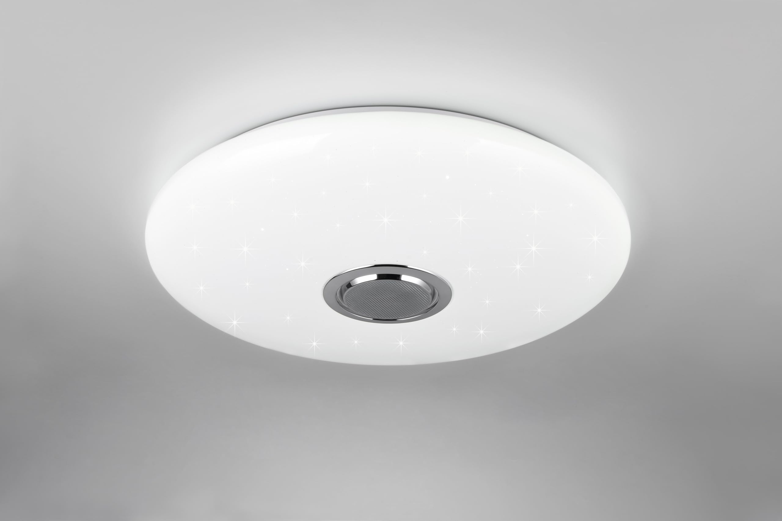 Reality Leuchten Plafón MUSICA R69031901 LED, pantalla de plástico blanco con efecto Starlight, LED de 33 vatios, mando a distancia, cambio de color, altavoz Bluetooth,
