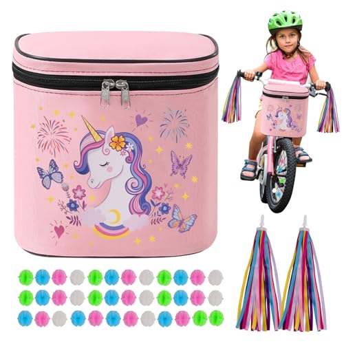 YANSYUN Bolsa para manillar de bicicleta para niños, cesta delantera incluida, radios de bicicleta, cinta decorativa, impermeable, accesorios para bicicleta para niños