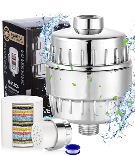 25 Étapes Filtre de Douche,Filtre Douche Anti Calcaire avec vitamine C,Adoucisseur d'eau Douche,Filtre Pommeau Douche avec 2 Cartouches 1 Teflon ruban...