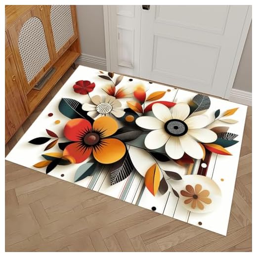 MULERN Felpudo Entrada Casa, 50x80cm Felpudo Tapete Absorbente, Vintage Arte Impermeabley Lavable para Atrapar, Recortes De Papel Flores Alfombrilla Antideslizante,Pasillo, Cocina, Blanco