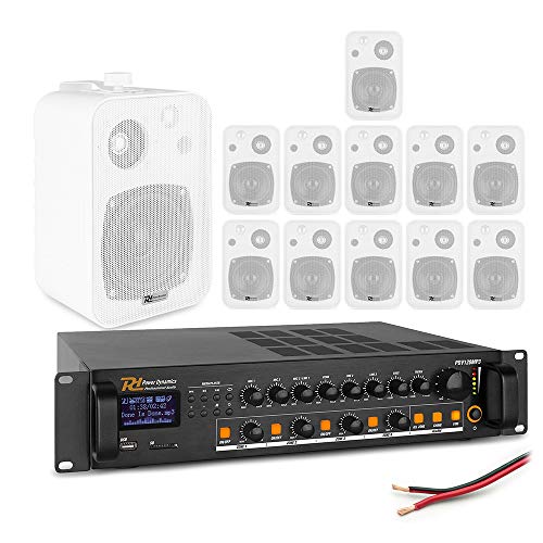 Power Dynamics 4-Zone Wall Mounted Speaker System – 12x 4 White Speakers, Bluetooth Mixer Amplifier 120W, PA Audio Installation Kit for Cafe Restaurant Shop Background Music and Paging