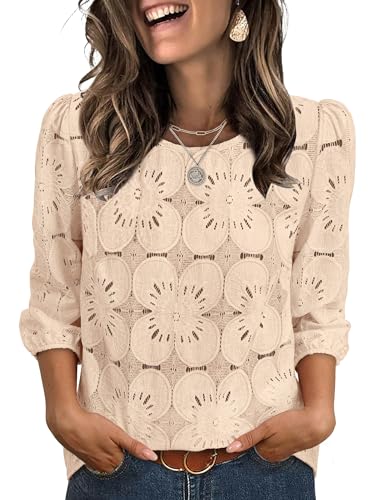 Sampeel 3/4 Length Sleeve Womens Tops Eyelet Short Sleeve Shirts Lightweight Blouses Summer Spring Tops 2026 Fashion Clothing Winter Vacation Outfits Old Money Clothes Apricot L