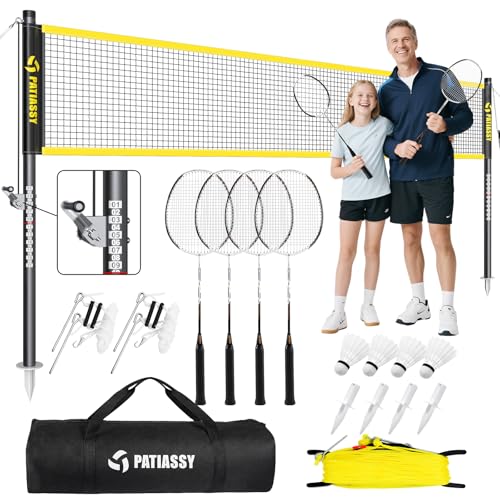 Image of Professional Badminton Set with Carbon Aluminum Badminton Rackets Set of 4, Outdoor Portable Badminton Net with Winch System, 4 Nylon Badminton Shuttlecocks and Bag