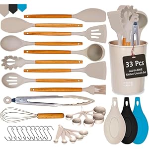Home Hero Silicone Kitchen Utensils Set, Non-Stick Silicone Cooking Utensils Set with Spatula, Wooden Handle Spatula, Silicone Kitchen Gadgets Utensil Set (33 Pcs – Khaki)
