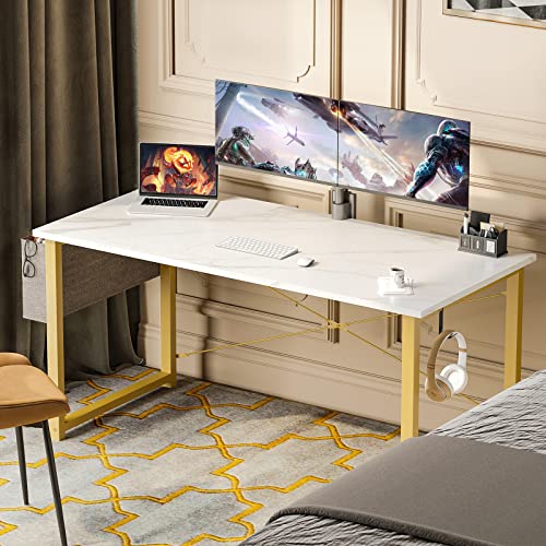 Odk Computer Writing Desk 55 Inch, Sturdy Home Office Table, Work Desk With A Storage Bag And Headphone Hook, White Marble + Gold Leg #TOP3
