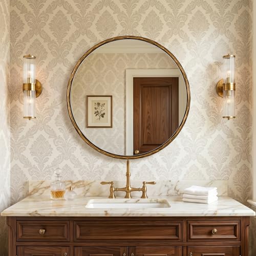 Image of ANDY STAR 28 Inch Hand-Forged Gold Mirrors, Antique Brass Round Hammered Mirror for Bathroom Over Sink, Living Room, Entryway, Vintage, Farmhouse, Rustic, Solid Steel Frame