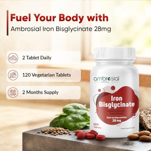 Image of Ambrosial Iron Bisglycinate 28mg High Strength Tablets | High Absorption Iron Supplement for Tiredness and Fatigue for Women and Men | Pack of 1-120 Veg Tablets