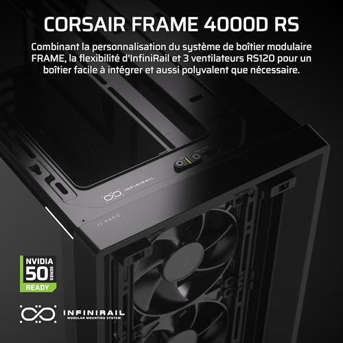 CORSAIR Frame 4000D RS Boîtier Modulaire PC De Taille Moyenne – 3X Ventilateurs RS, Système De Supports Infinirail, Convient Plusieurs Radiateurs 360mm, Compatible avec Cartes Mères Inversée – Noir