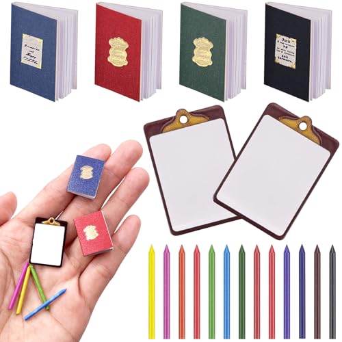 Accesorios en miniatura de duendes, 19 piezas 1:12 Navidad Mini Casa de Muñecas Accesorios Libro Pizarra Juego de Lápices de Color, 1/12 Miniatura Muñeca Suministros Escolares Accesorios de Duendes