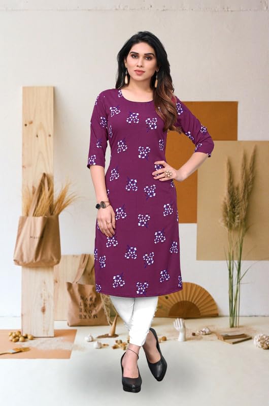 Image of JAKHANA Women's Crepe Printed Casual Straight Calf Length Round Nick Kurta Pack of 4