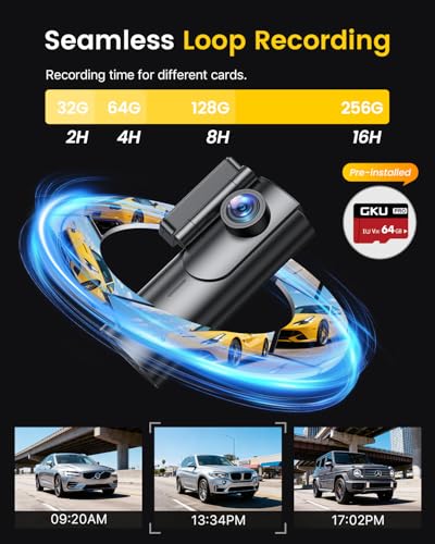 Image of GKU Dash Cam Front and Rear Camera - 4K+1080P Dual Dash Camera for Cars with 64GB SD Card, 5GHz WiFi & App Control, Night Vision, Parking Mode, G-Sensor, Loop Recording, WDR, 170 Wide Angle (D600-IN)