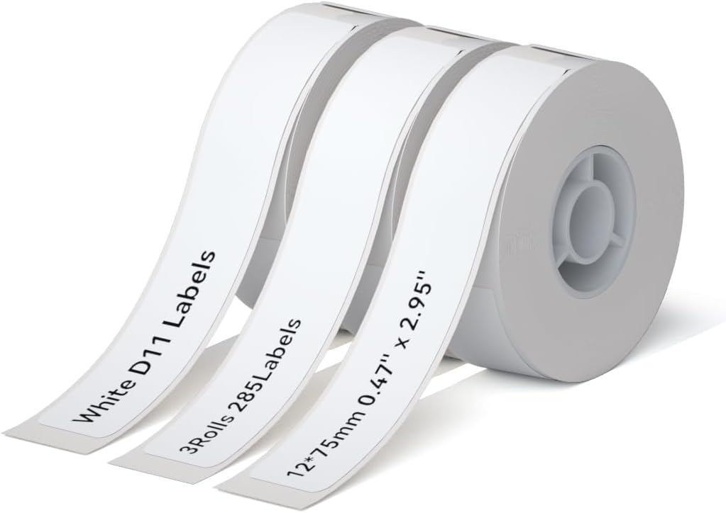 NIIMBOT D11 Label Maker Tape Adhesive White Paper 0.47" X 2.95" (12 X 75mm) 95 Labels/Roll, Compatible for NIIMBOT D11 D110 Label Printer, Thermal Paper Black on White, 3-Roll