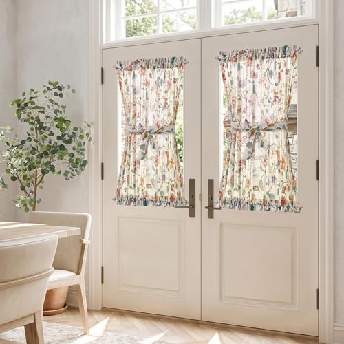 Image of jinchan Hattie Floral French Door Curtain 40 Inch Length Vintage Cottage Core Farmhouse Linen Decor for Glass Door Light Filtering 1 Panel with Tie Up Bow Rod Pocket Beige
