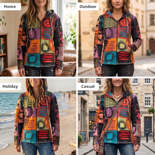 Image of Shopoholic Fashion Slashed Patchwork Pixie Hippie Hoodie Jacket for Women, Lightweight Zip Up Sweater Cardigan
